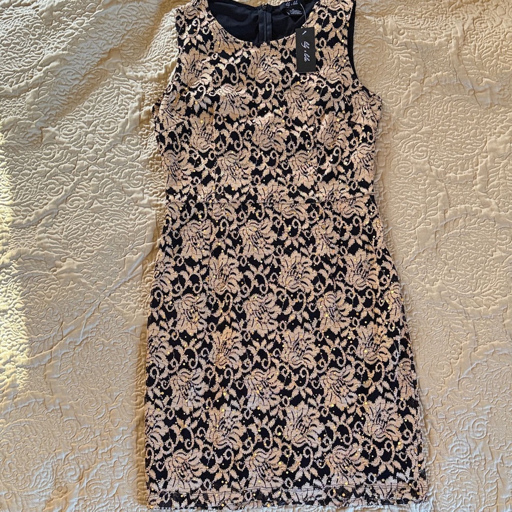 Elegant Black and Gold Lace Dress with sparkles. Lily & Lola